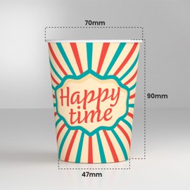 100 Paper Cups 200 ml Made in Italy Eco Friendly Biodegradable Sports Hot Drinks Colourful Happy Time Design - Made and Packed in Italy