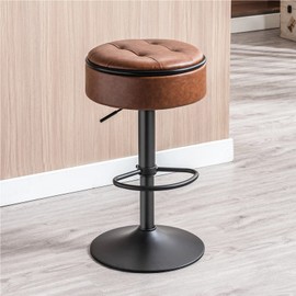 Round Storage Bar Stool, Black Faux Leather Height Adjustable Barstool, 360°Counter Height Swivel Stool, Armless Bar Chair with Metal Frame for Kitchen Counter Dining Living Room
