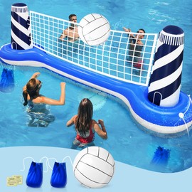 Inflatable Pool Games Volleyball Net Pool Float Set with 19" Beach Ball, Lighthouse Design – Floating Swimming Water Sports Toys for Adults & Kids, Perfect for Summer Pool Party Supply (112"X26"X35")
