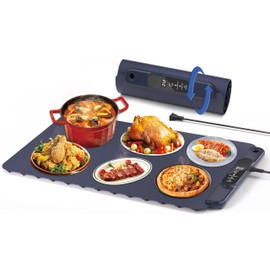 Food Warming Mat Electric Tray: YTLAD Silicone Heating Pad with 6 Level Adjustable Temperature and 5 Hours Timer & Kids Lock, Foldable Food Warmers for Parties, Home, Daily Use (Blue, 25.6" x 15.55")