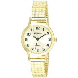 Ravel - Unisex Traditional Watch with Clear Numeral Dial on Expander Bracelet - Gold Tone/Champagne Dial