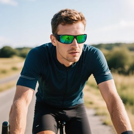 Ofwin Polarized Sports Sunglasses for Men Women Unbreakable Frame Cycling Fishing Wrap Around Sunglasses UV400 Protection Black Frame/Green Mirror Lens