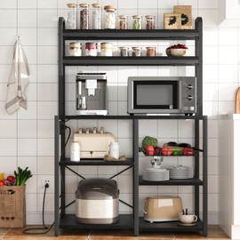 IDEALHOUSE Bakers Rack with Power Outlet, Coffee Bar with Wire Drawer, Industrial Microwave Stand, Kitchen Buffet Table with Large Storage, 6-Tier Kitchen Storage Rack with Hutch, Rustic Black