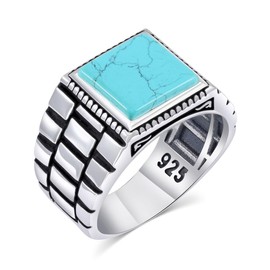 Chimoda Sterling Silver Rings for Men - Style Mens Sterling Silver Ring with Turquoise Stone, Anillos Para Hombre (57TUR9)