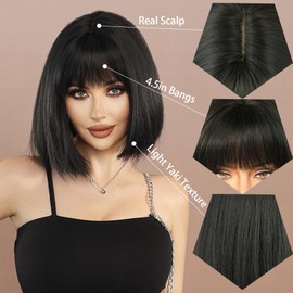 7JHH WIGS Yaki Short Straight Wig with Bangs 12in Short Natural Black Bob Wig Synthetic Natural Hair Heat Resistant 150% Density Staight Layered Wig for Women Daily Used