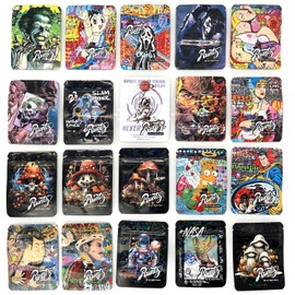 Holographic Bags, Mylar Bags 3.5g, Foil bags for Food Storage - Mylar Bags with Oxygen Absorbers, Mylar Packs resealable pouches for packing (baggies 3.5g with Mix Assorted Designs) (50)