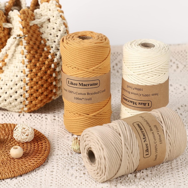 Likeecords 4 Skeins Braided Macrame Cotton Cord, 3mm x 100m,