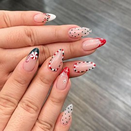 Christmas Press on Nails Medium Almond Winter French Tip Fake Nails Candy Cane Holly False Nails with Xmas Lights Designs Glossy Glue on Nails Acrylic Nails Artificial Nails for Women Girls 24Pcs