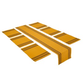 Encasa XO Table Runner and Placemats Set 6 | Fine Ribbed Cotton | Ladder Yellow | 1 Table Runner Size 32x183 cm & Each Table Mat Size 48x32 cm