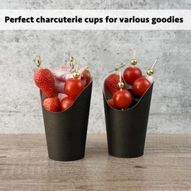 CAMKYDE 50 Charcuterie Cups + 200 Cocktail Picks + 56 Labels, 12 oz Disposable Charcuterie Cups with Sticks (2 Types), French Fry Cups Brown Paper Appetizer Cups for all Occasions（Black）