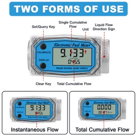 1" Digital Turbine Flow Meter (2.6-26 GPM, NPT Thread) for Diesel, Gasoline, Oil, Water | Includes 3/4" Adapter | Supports Gallon, Quart, Liter, m³ | Fuel Meter