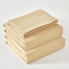 DERBELL Bed Sheet Set - Brushed Microfiber Bedding - Bedding Sheets & Pillowcases - Deep Pockets - Easy Fit - Breathable & Soft Hotel Sheets - 4 Piece Queen Beige