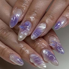 POKENGDA Almond Press on Nails Design,Nail glue included,Cute Acrylic Medium Fake Nails,Reusable French Acrylic Daily False Nail Kits for Women