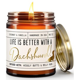 Dachshund Gifts for Women - 'Life is Better with a Dachshund' Candle, w/Vanilla, Coconut & Citrus - infused w/Essential Oils I Weiner Dog Gifts for Women I Dachshund Decor I 50Hr Burn, USA Made