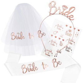 TOPWAYS JGA Women Bride to Be Sash and Veil Set, Bachelor Party Women Bridal Accessories Veil Bridal Alarm for Bride to Be Decoration Bachelorette Hen Party (Bride Rose Gold + White Sash)