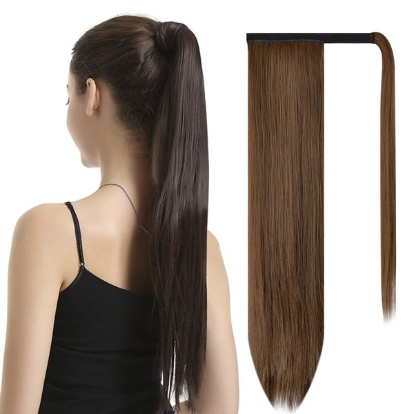 Wrap Around Ponytail Extension, BARSDAR 26 inch Long Straight Ponytail Hair Extensions Synthetic for Women - 4/30# Dark Brown mix Auburn Evenly