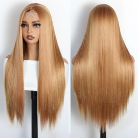 Ellieryan 28 Inch Long Straight Honey Blonde Wigs for Women - Heat Resistant Synthetic Wig with Simulated Lace Scalp Middle Part Natural Looking Wig for Daily Use Party Cosplay