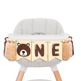 Gostman Bear One High Chair Banner - Beary First Birthday Party Decorations Banner,Happy Camper Party Highchair Banner For 1st Birthday,Camping Themed Party Decor (bear tassel banner)
