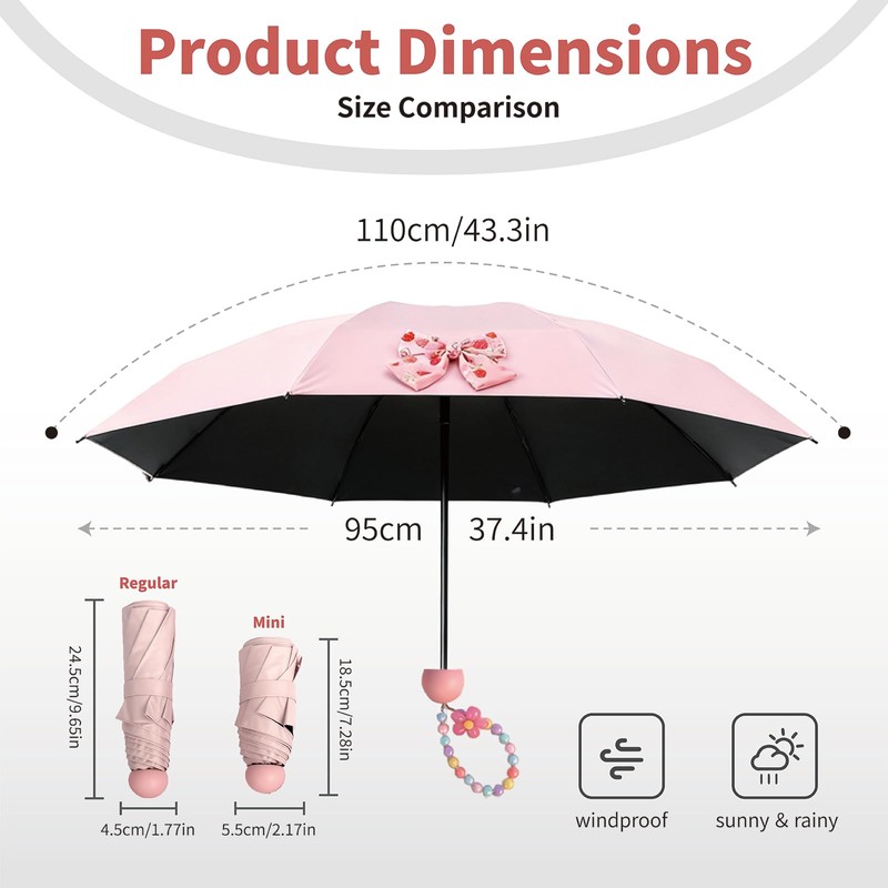 Baestappy Pink Bow Umbrella,Mini Compact Windproof Folding Umbrella for Rain