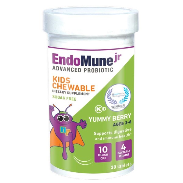 EndoMune Jr Advanced Kids Probiotic and Prebiotic | 10 Billion CFUs | 4 Strains Bacteria and FOS Prebiotic | Physician Formulated | 30 Chewable Tablets