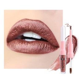 Kaely 2in1 Metallic Lipstick and Lip Liner, Shimmer Glitter Lip Gloss Long Lasting Waterproof 24 Hours, Pearlescent Sparkly Liquid Lipsticks Lip Stain Makeup for Women, Vegan Formula, 08