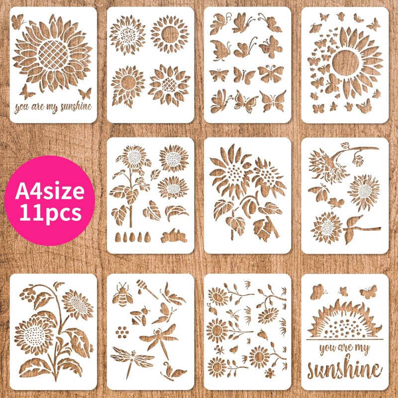 GEEHUA 11Pcs Large Sunflower Stencils, 11x8.3inch Reusable Painting Stencils Flower