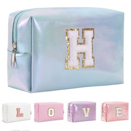 Yintry Makeup Bag Set Organizer Cotton Letter Cosmetic Pouch Large Capacity Travel Toiletry Bag Women Girls Birthday Gifts Portable Brush Storage Bag with Divider and Handle