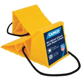 Camco Camper & RV Wheel Chock with Rope - Keeps Trailer in-Place to Safely Unhitch or Park - Compatible with Wheels Up to 26” in Diameter & Molded of Heavy-Duty Hard Plastic - 2-Pack - 44471