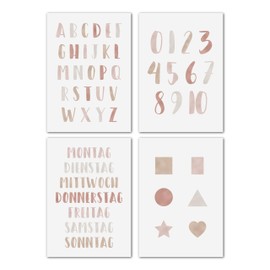 LAVEMA Pictures Children's Room Girls Poster Numbers Letters ABC Shapes Poster A4 without Picture Frame Decorative Pictures Learning Baby Room Girls Pink Learning Poster Alphabet Preschool Educational