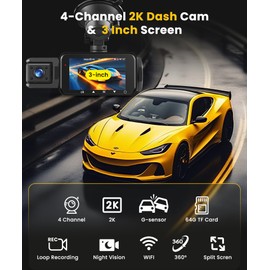360° 2K Dash Cam Front and Rear Inside,4 Channel 3inch IPS Touchscreen 2K Dash Cam Front and 3x1080P Rear Inside Left Right,24/7 Recording WiFi Built-in GPS,Loop Recording,G-Sensor,64G TF