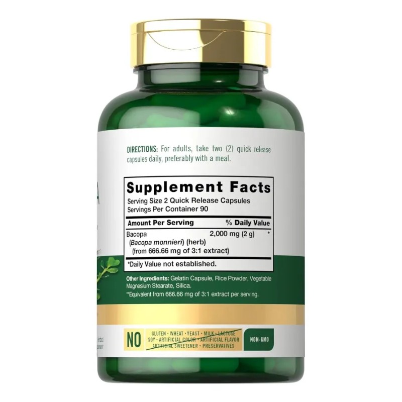 Bacopa Monnieri 2000 Mg Suplemento Sin Gluten 180 Capsulas Sabor