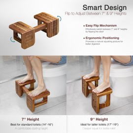 Toilet Stool, 7'' and 9'' Adjustable Heights Acacia Wood Poop Stool, Anti-Slip Compact Design, Sturdy and Stable, Ideal for Bathroom Use, Enhancing Comfort and Supporting Natural Posture (Acacia)