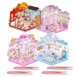 NAESM DIY 3D House Stickers, 4 Set Fun DIY Stickers Scene, Make Your Own Warm Bedroom Dining Room Clothing Store Hot Spring Room, Cute 3D Cartoon Scene Stickers for Adult Kids Relief Stress Pass