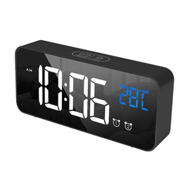 LED Alarm Electric Clock Multifunctional Exquisite Mirrored Surface Silent Bedside Clock for Home Bedroom Office Decor Black