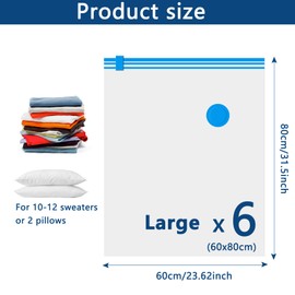 Vacuum Storage Bags - 6 Pack 80X60cm Large Reusable Space Saver Seal Bags for Travel, Compression Double Zipper Vacuum Storage Bags for Clothes, Beddings, Pillows, Duvets