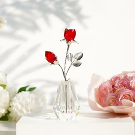 H&D HYALINE & DORA Crystal Red Rose Figurine Collectible Glass Double Roses Flowers Bouquets Ornament Silver Stem with Crystal vase Decor for Home Wedding Party