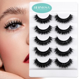 Hermosa Malibu Muse, 3D Mink Lashes with 33mm Black Cotton Band and Dramatic Hairs, 5 Pairs Multipack, 100% Handmade Real Mink EyeLashes of Sexy Smokey Eye, More than 20 Wears HM3D47