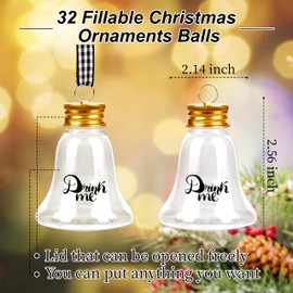 32 Pack Christmas Booze Balls, Fillable Christmas Tree Hanging Ornaments Clear Plastic Water Bottle Bulbs Pendant Ball with Plaid Ribbon and Stickers for Xmas Home Party Decor (Bell)