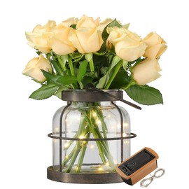 Aurabee Vintage Farmhouse Lantern Decor with Hidden Switch Lid, LED Lighted Rustic Glass Vase for Floral Arrangements, Farmhouse Table Centerpiece Vintage Farmhouse Flower Vase-Metal Cage