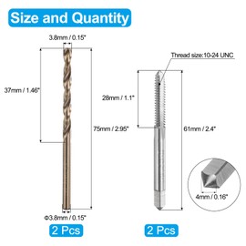 uxcell Tap and Drill Bit Set, 2pcs 10-24 UNC Straight Flute Thread Screw Taps & 2pcs 3.8mm Twist Drill Bits, Uncoated/Roasted Yellow HSS-6542/M35 HSS-CO Tapping Threading Tool Kit