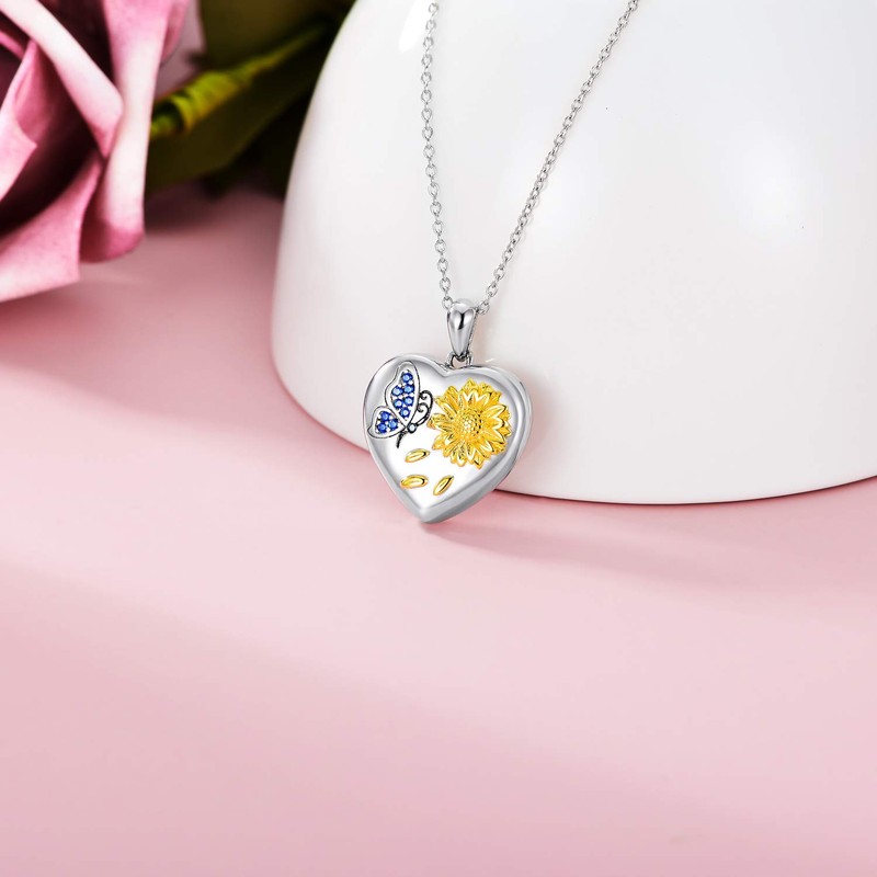 Heart Locket Necklace That Hold 2 Pictures Sunflower Butterfly Heart