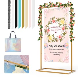 Wedding Sign Holder, 57x31x15"Welcome to Our Wedding Sign Stand Metal Wedding Sign with 8 Pair Satin Ribbon & 2 Pair Leather Sign Straps,Storage Bag, Flower Vine,Heavy Duty Easel Stand for Sign,Poster