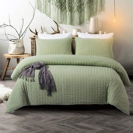WONGS BEDDING Green Classic Seersucker Bedding Set- Puckering Duvet Cover with 2 Pillowcases, Zipper Closure for Teens Adults Double Size 200200cm