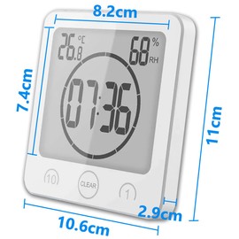 Vilike Reloj de Ducha Digital Multifuncional con Cuenta Regresiva y Termómetro | Resistente al Agua | Pantalla de Temperatura y Humedad | Diseño con Agujero Colgante de Ventosa -Blanco