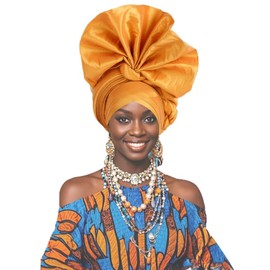 Petaluna Fashion Polyester African Headband - Stretchable Traditional Nigerian Wedding Headpiece, Automatic Gurler Style Fan Headband (yellow, 22.44in-22.83in Freely adjustable)