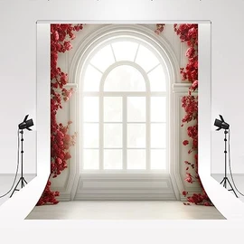 Kate Photography Background Wall White Vintage Window Background 1.5x2.2m Red Flower Wedding Dress Background Photography Set Portrait Photography Princess Beautiful Scene Cosplay Props