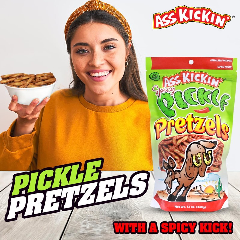 ASS KICKIN’ Spicy Pickle Pretzels 12 Ounce Size Flavor Pack