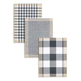 Kracht Jacquard Tea Towels, Half-Linen, Assorted Chequered, Anthracite/Black/Beige, 50 x 70 cm, Pack of 3
