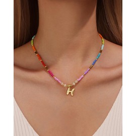 OPFIV Colorful Beaded Initial Necklaces for Women Cute Bubble Letter Beads Necklace Summer Rainbow Boho Choker Necklace Dainty 14K Gold Plated Trendy Jewelry for Her Letter H
