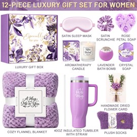 Birthday Gifts for Women, 12-Piece Gift Basket with 40oz Tumbler & Soft Blanket, Luxury Spa Gift Set for Mom Wife Her, Thinking of You Gifts & Get Well Soon Gift Basket